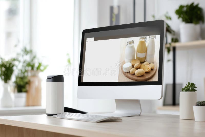 Minimalist layout displays order confirmation for fresh dairy products. Clean professional setting features desktop stock photo