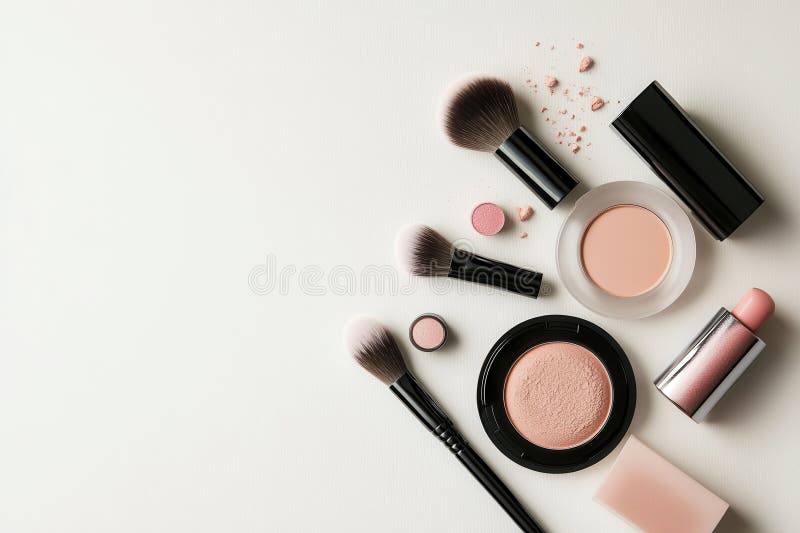 A minimalist layout features various cosmetic products like lipstick, brushes, and powder on a soft, light surface royalty free stock photo