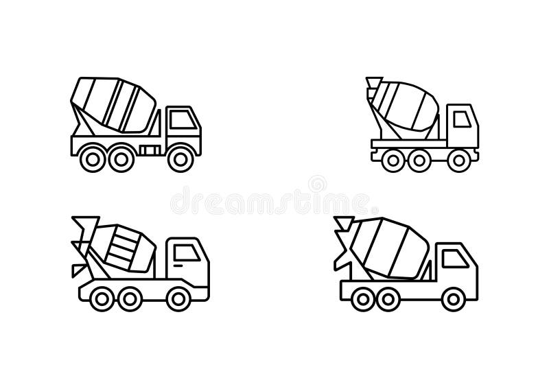 Minimalist Line Art of Cement Mixer Trucks in Grid Layout. Civil engineering line art vectors