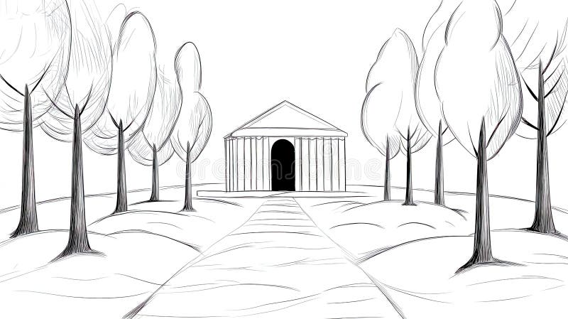 Minimalist line art illustration of ancient library surrounded by trees royalty free stock images