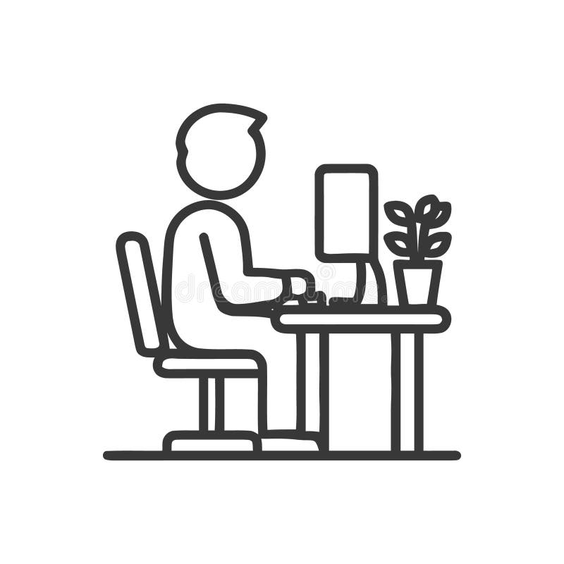 Person Working at Computer Desk, Simple Line Icon vector illustration