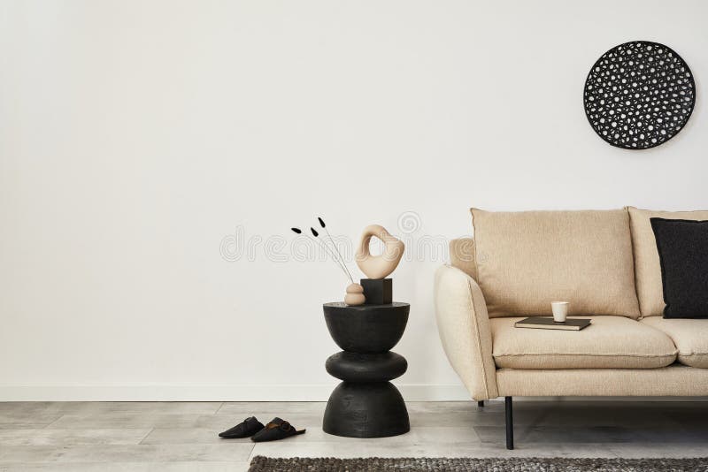 Minimalist Living Room Interior Design With Beige Sofa, Black Wooden Side  Table And Modern Home Accessories. Wallpaper Stock Photo - Image Of Copy,  Commode: 238865124