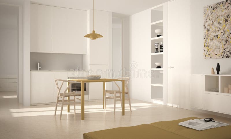 Minimalist modern bright kitchen with dining table and chairs, big windows, white and yellow architecture interior design stock images