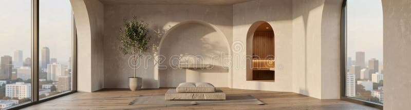 Minimalist modern living room with city view and natural light that the image is generated using ai stock illustration