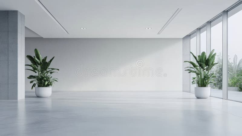 Minimalist modern office interior with empty space, potted plants on light background vector illustration