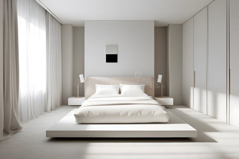 A Minimalist Modernized White Decorated Bedroom Design Stock Image