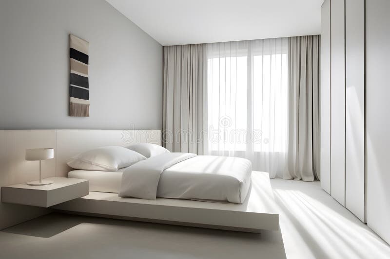 A Minimalist Modernized White Decorated Bedroom Design Stock Photo