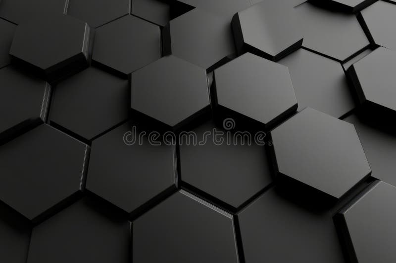 A minimalist, monochrome 3D background with matte black hexagons arranged in a seamless pattern.