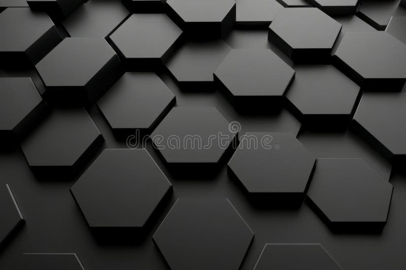 A minimalist, monochrome 3D background with matte black hexagons arranged in a seamless pattern.
