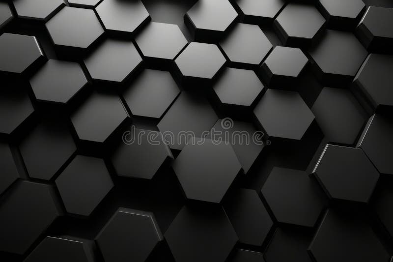 A minimalist, monochrome 3D background with matte black hexagons arranged in a seamless pattern.