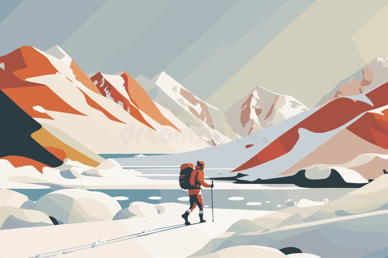 Minimalist Mountain landscape and hiker in front of a lake. Adventure. Travel concept of discovering, exploring and observing nature. Vector illustration. Generative ai. Minimalist Mountain landscape and hiker in front of a lake. Adventure. Travel concept of discovering, exploring and observing nature. Vector illustration. Generative ai