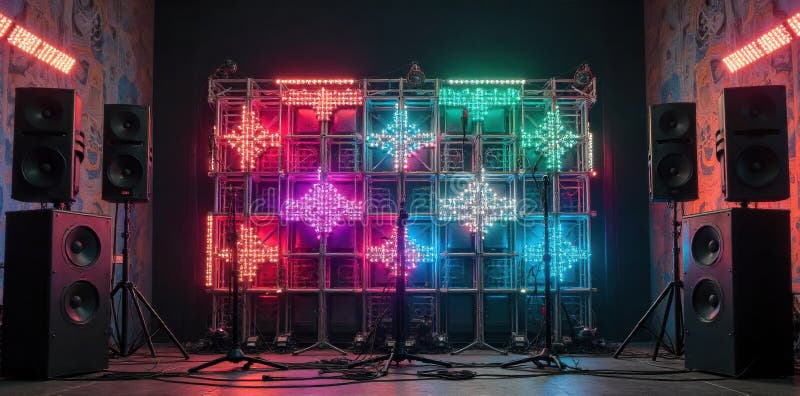 Minimalist music festival stage design elements a abstract composition featuring stylized lighting rigs speaker stacks and clean royalty illustrazione gratis