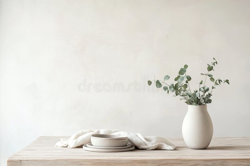 This minimalist Nordic style table setting features a light oak table adorned with a matte ceramic vase filled with fresh eucalyptus stems. AI generated