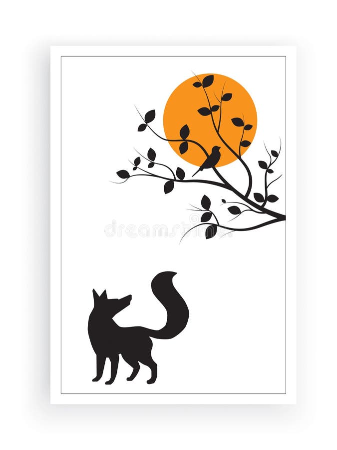 Minimalist Paint Fox And Bird silhouette on a branch on full moon, vector, wall decals, wall art decor