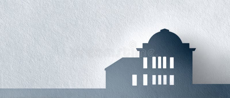 Abstract architectural silhouette of a classical building with dome and columns in paper cutout style casting soft shadow on textured white surface. Abstract classical stock images, royalty-free photos and pictures