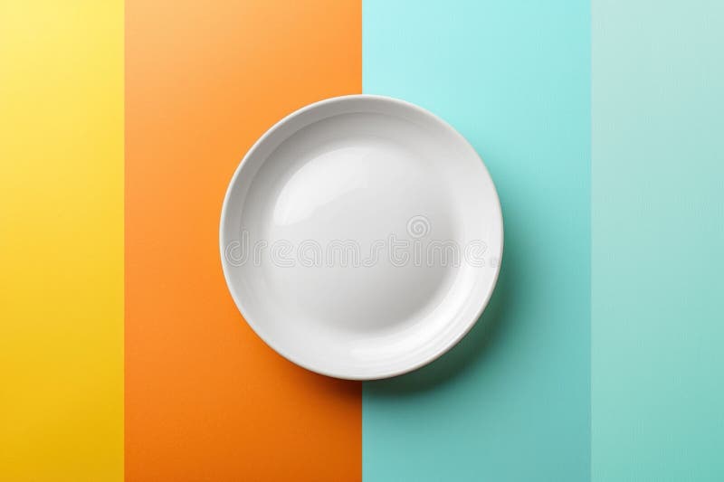 Simple plain white plate, colorful background, flat lay. Top view empty clean dish, pastel colors royalty free stock photography