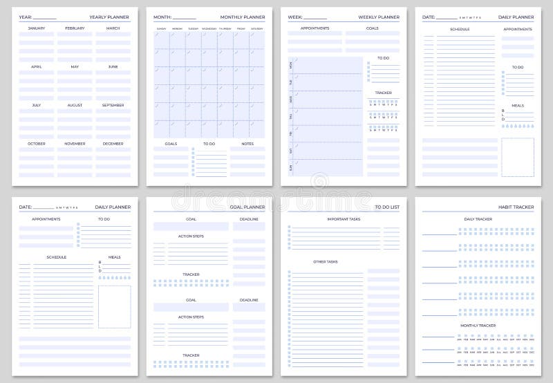 Minimalist planner pages templates. Organizer page, diary and daily control book. Life planners, weekly and days