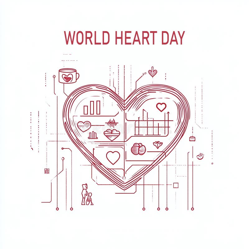 A minimalist poster for World Heart Day featuring a simple outline of a heart with a heartbeat line running through it, using bold red and white contrasts Generate Ai