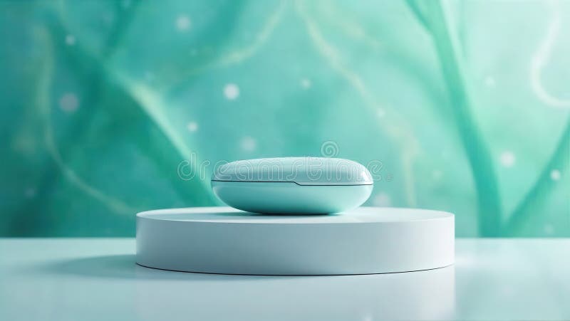 Minimalist presentation of an oval shaped portable audio device charging case resting on a white podium with a soft focus aqua vector illustration