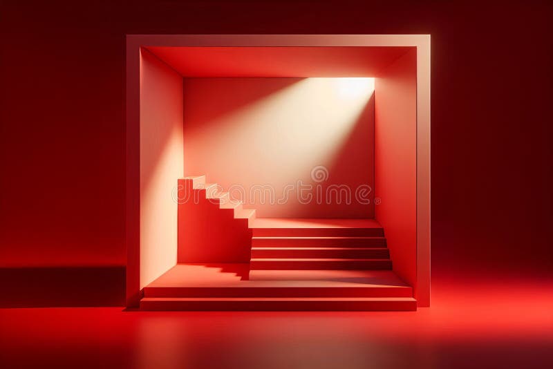 Minimalist red interior with sunlight streaming through doorway. 3D architectural rendering for design visualization royalty free illustration