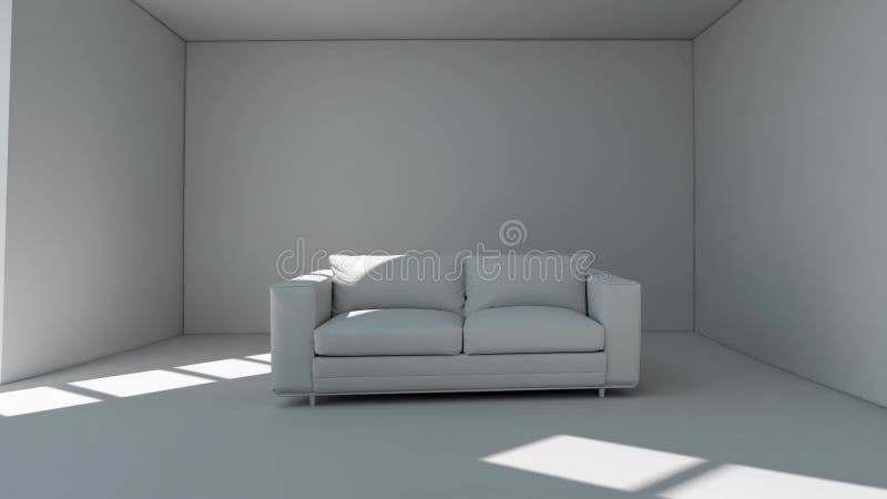Minimalist room with white sofa changing lighting stock illustration