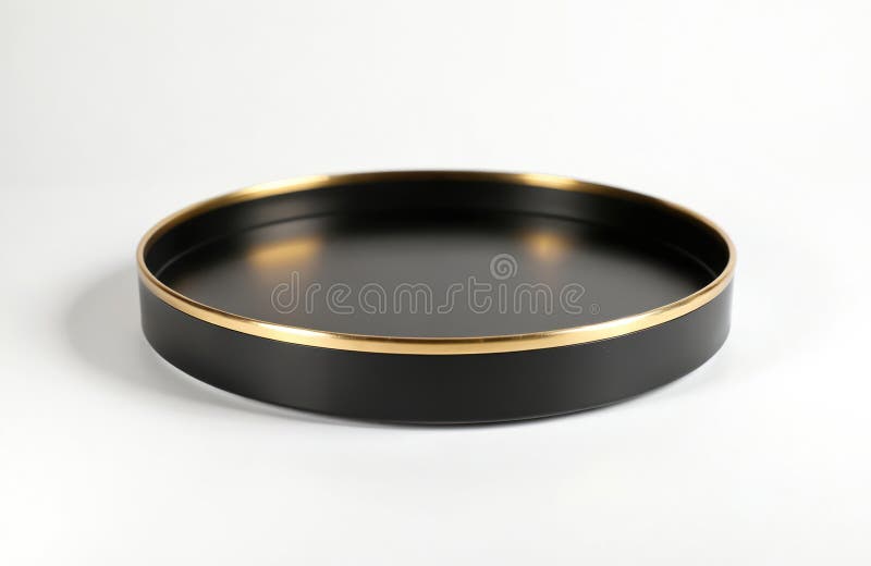 Minimalist round black display stand with gold trim. Modern elegant object isolated on white studio background. Empty platform for product, presentation or decor. Elegant round display stand illustrations