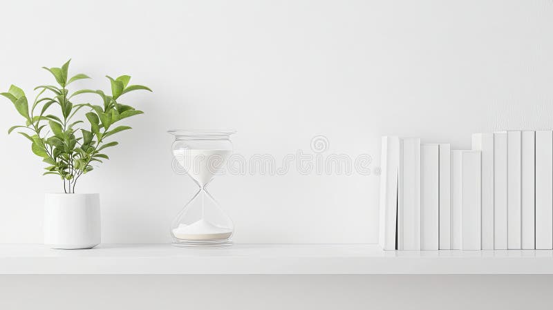 A minimalist sand timer with white sand styled on a clean white shelf. background royalty free stock photo
