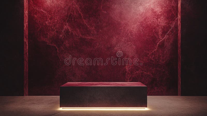Modern minimalist display with red textured walls and illuminated table. Generative AI vector illustration