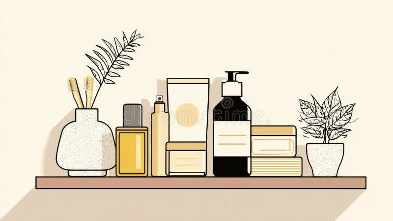 Minimalist Skincare Routine Displayed on a Clean Shelf With Essential Products and Greenery royalty free stock photography