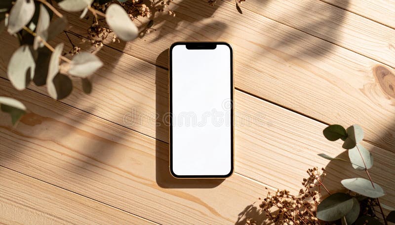 Minimalist smartphone screen mockup with blank display on wooden table vector illustration