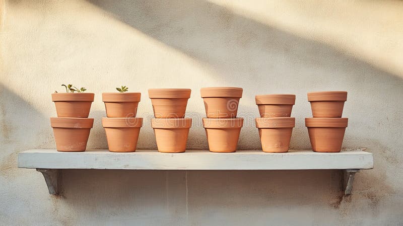A minimalist stack of clay pots styled on a clean outdoor shelf for pottery workshops. background stock photography