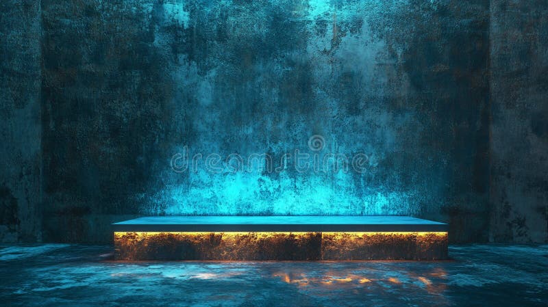 Minimalist stage design with glowing elements in a dark environment. Generative AI stock illustration