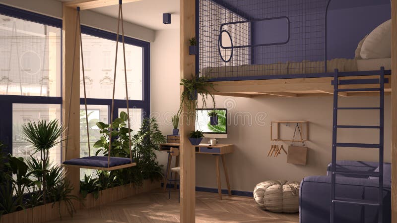 Minimalist Studio Apartment With Loft Bunk Double Bed, Mezzanine, Swing. Living  Room With Sofa, Home Workplace, Desk, Computer Stock Illustration -  Illustration Of Windows, Beams: 168234463