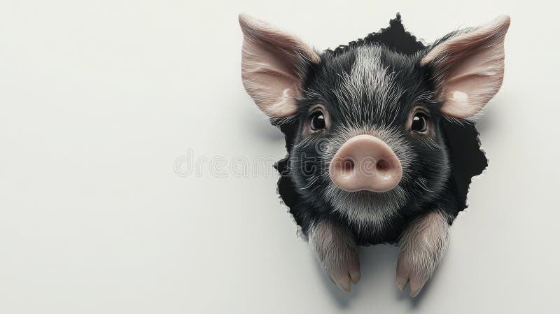 In a minimalist studio setting, a charming pink piglet peeks out from behind torn paper stock photography