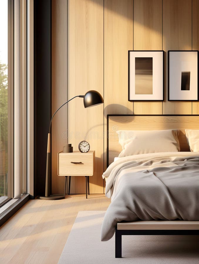 Minimalist Style Interior Design of Modern Bedroom. AI Stock