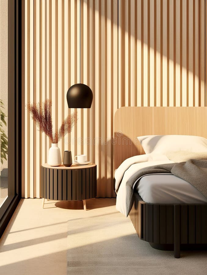 Minimalist Style Interior Design of Modern Bedroom. AI Stock