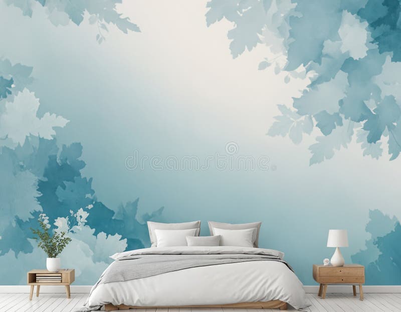 Minimalist stylized bedroom with abstract nature wall paint royalty free illustration