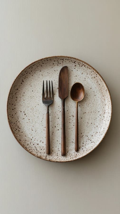 Elegant table setting with wooden utensils on a speckled plate and neutral backdrop stock photos