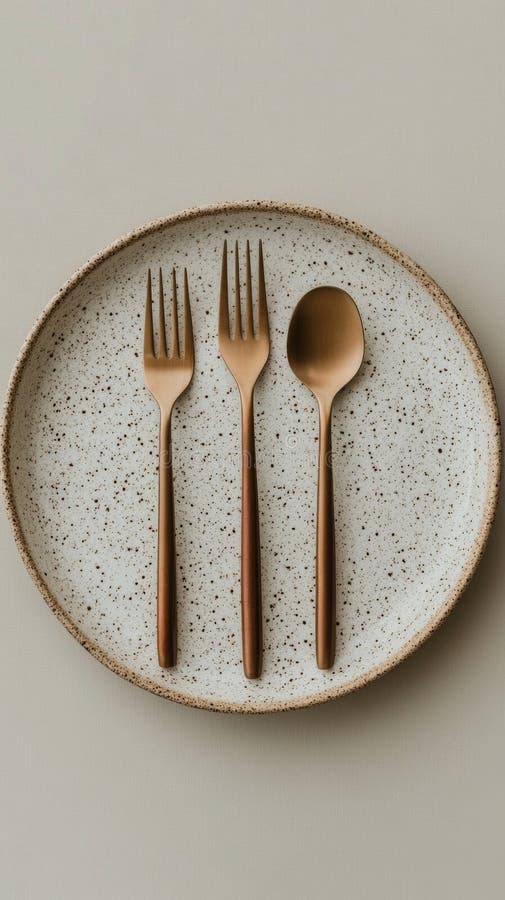 Elegant table setting with wooden utensils on a speckled plate and neutral backdrop stock photo