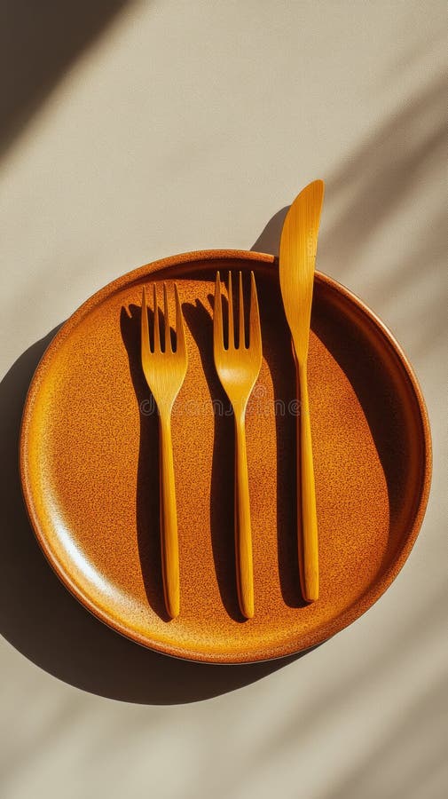 Elegant table setting with wooden utensils on a speckled plate and neutral backdrop stock images