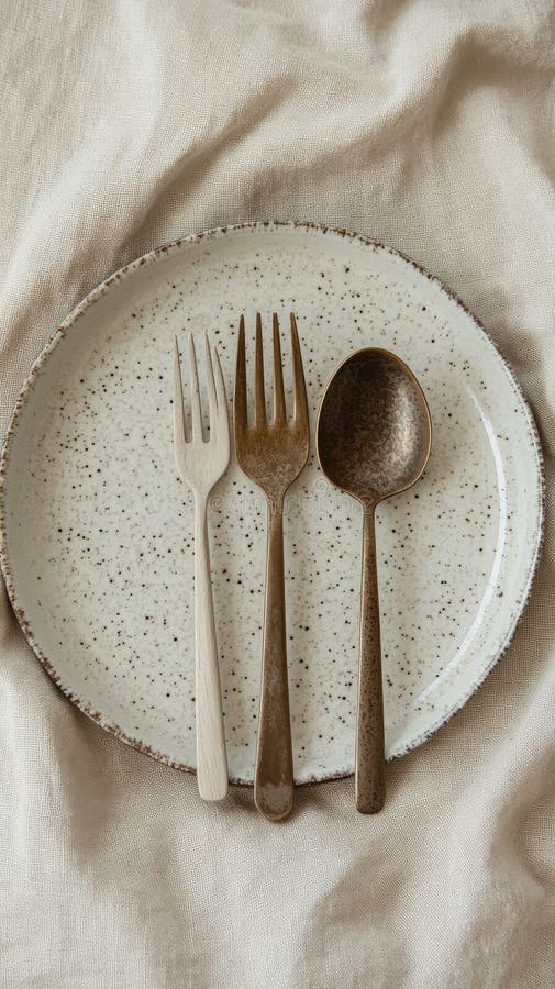 Elegant table setting with wooden utensils on a speckled plate and neutral backdrop stock photography