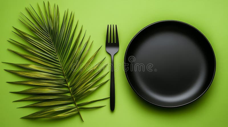 A minimalist table setting features an off-white plate paired with gold flatware stock image