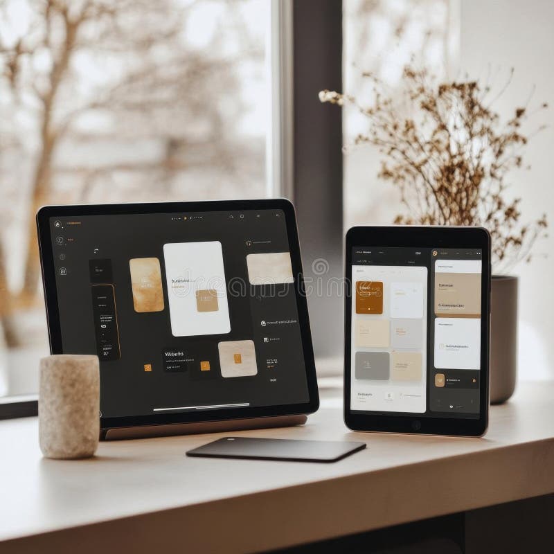 Minimalist Tech Setup with Desktop and Tablet royalty free illustration