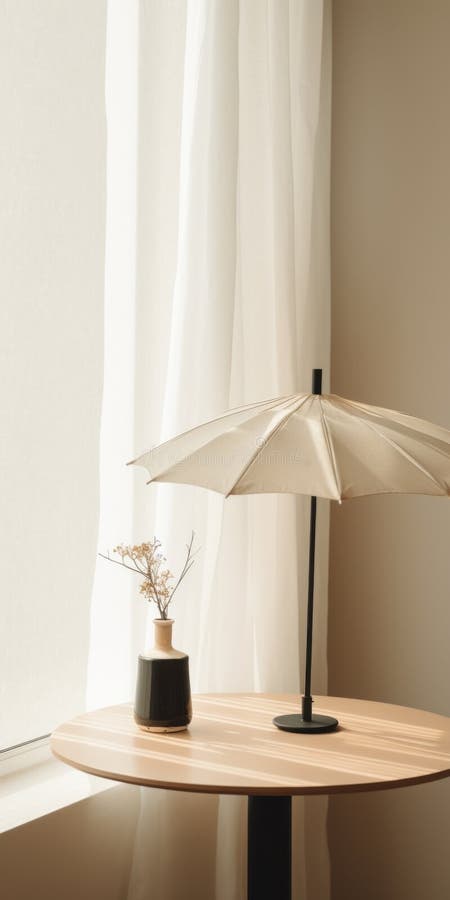 Produse textile minimaliste : umbrelă bej pe imagine suită. O masă mică iluminată de o umbrelă care prezintă textile minimaliste într-un stil senin și simplu. această imagine suînaltă capturează lumina aurie și simplitatea clasică japoneză îmbunătățită prin rafale și un filtru subtil sabattier. generate de