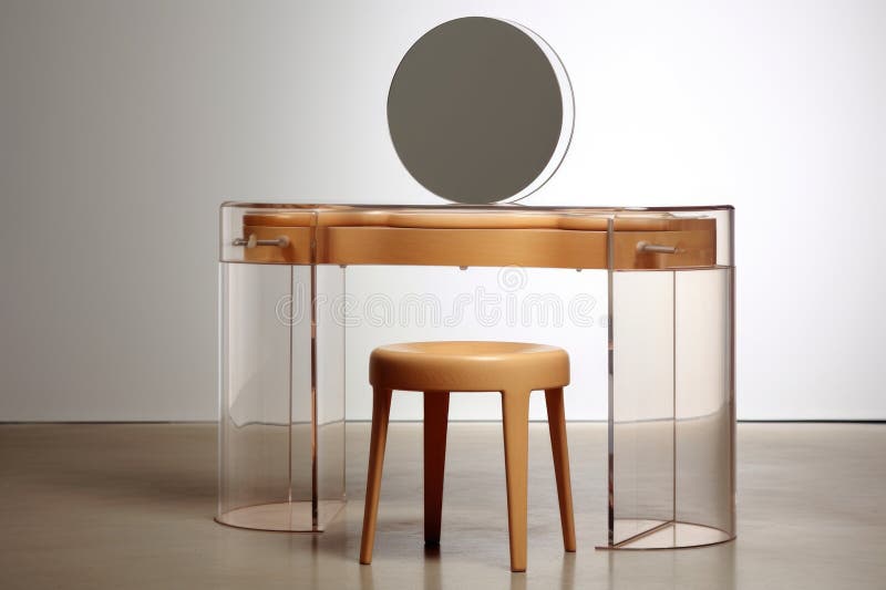 A Minimalist Vanity Table with a Round Mirror, Clear Makeup Organizer