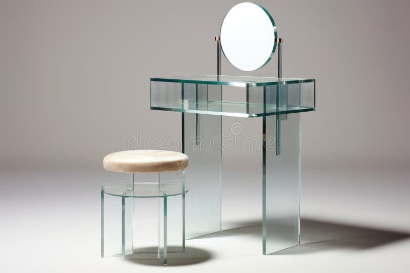 A Minimalist Vanity Table with a Round Mirror, Clear Makeup Organizer