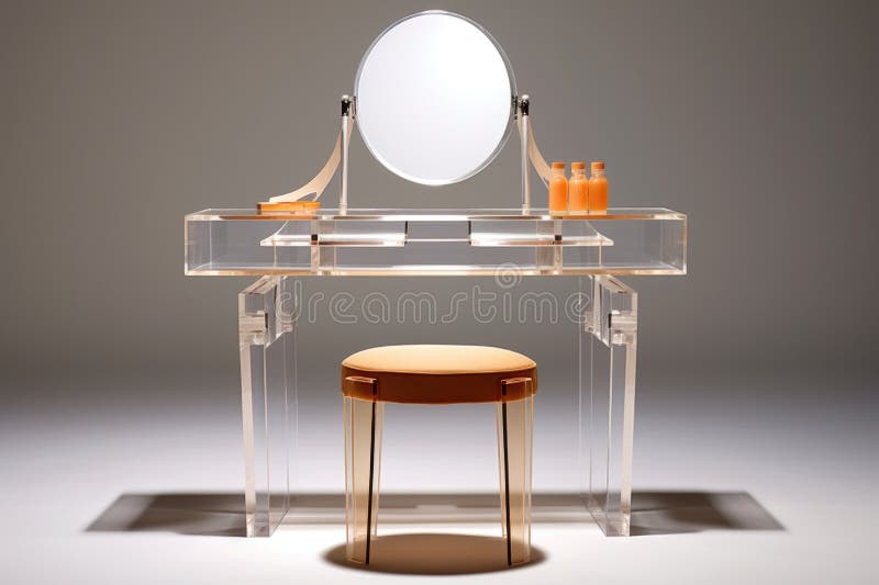 A Minimalist Vanity Table with a Round Mirror, Clear Makeup Organizer