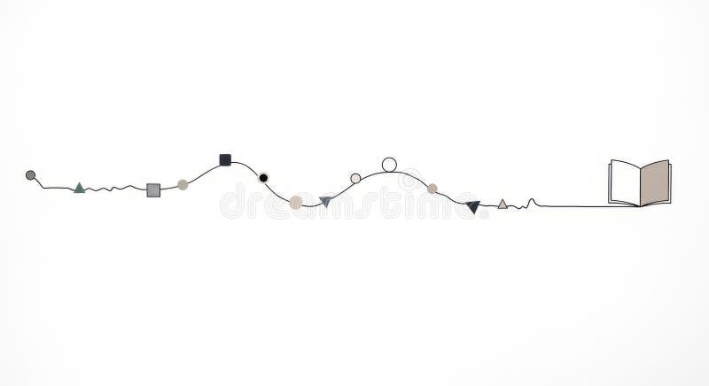 A minimalist vector illustration depicting an abstract learning or development journey. A continuous black line forms a wavy path, marked by various geometric shapes like circles, squares, and triangles in shades of grey and black. This visual timeline represents progression, steps, or stages, culminating in an open book icon on the right, symbolizing knowledge, education, or the completion of a learning process. The clean design and ample white space make it suitable for infographics, educational materials, presentations, or illustrating concepts of growth and discovery. Wavy timeline illustrations