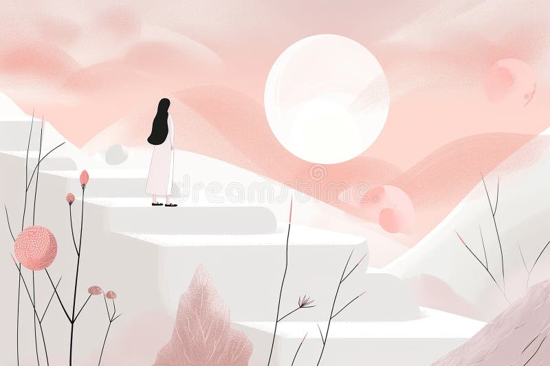 Minimalist visual narrative showing a woman&#x27;s journey through different stages of life, with key milestones depicted through subtle symbolism AI generated