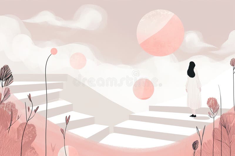 Minimalist visual narrative showing a woman&#x27;s journey through different stages of life, with key milestones depicted through subtle symbolism AI generated